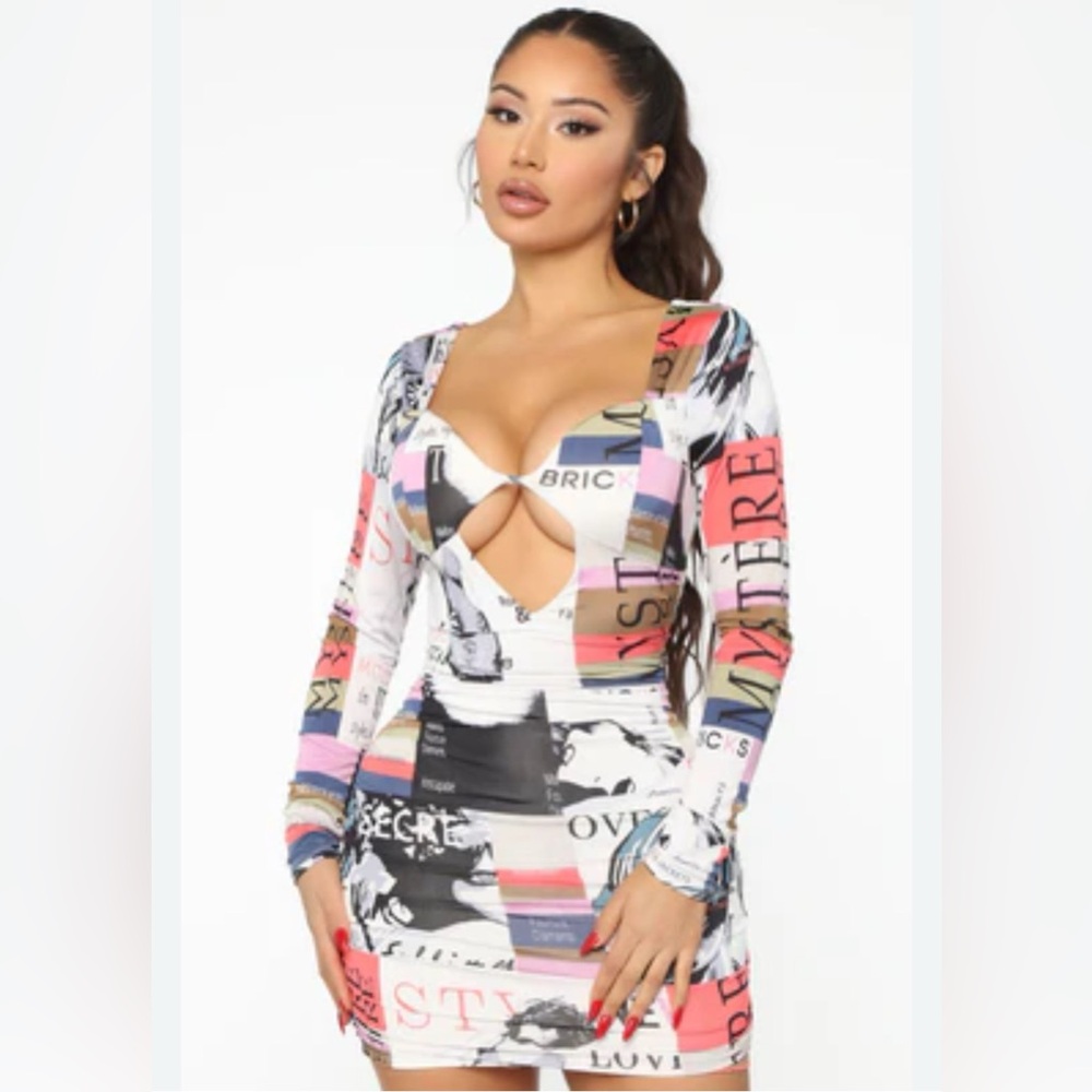 Fashion Nova Editorial Ruched Mini Dress, Size L, white/Combo Colors.